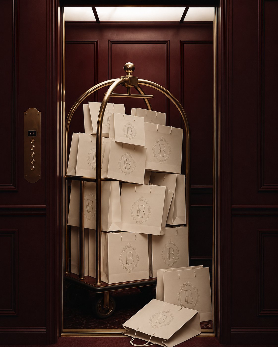 Bell cart stacked with monogrammed welcome bags in a wood-panelled hotel elevator