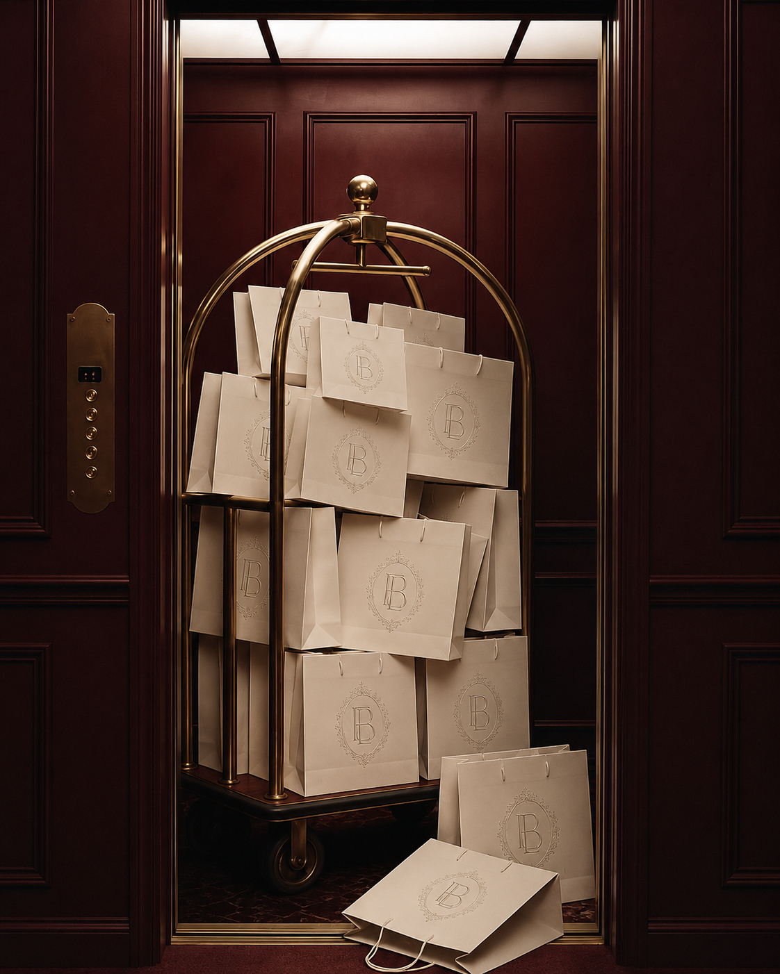 Bell cart stacked with monogrammed welcome bags in a wood-panelled hotel elevator